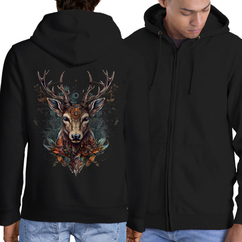 Sweat homme à capuche zippé noir Psyche Deer (Animaux)