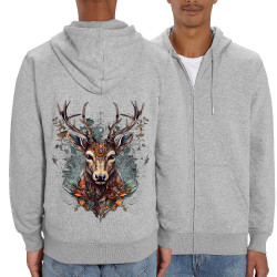 Sweat homme zippé à capuche coton bio gris chiné Psyche Deer (Animaux)