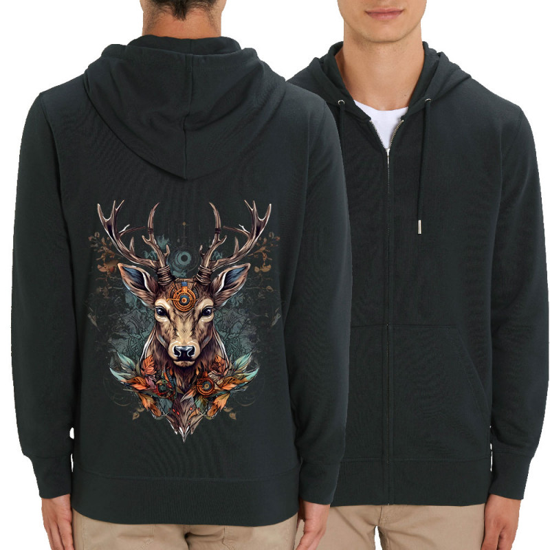 Sweat homme zippé à capuche coton bio noir Psyche Deer (Animaux)