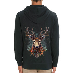 Sweat homme zippé à capuche coton bio noir Psyche Deer (Animaux)