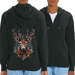 Sweat femme zippé à capuche coton bio noir Psyche Deer (Animaux)