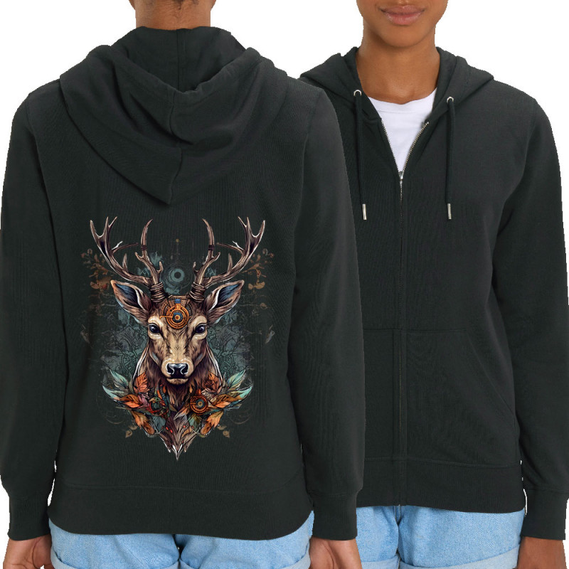 Sweat femme zippé à capuche coton bio noir Psyche Deer (Animaux)