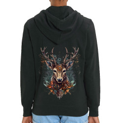 Sweat femme zippé à capuche coton bio noir Psyche Deer (Animaux)
