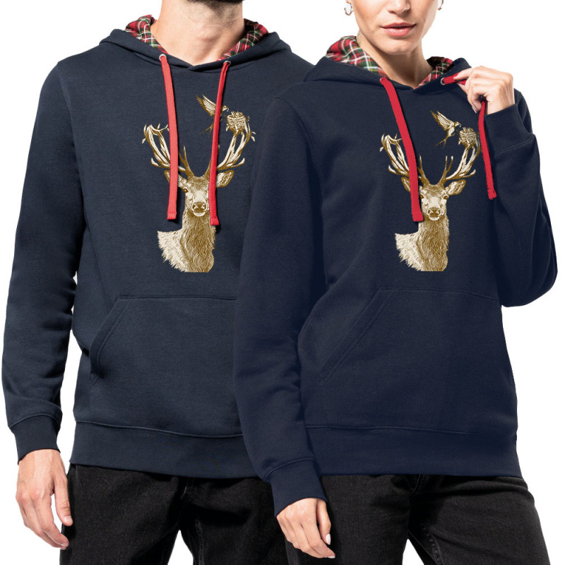 Sweat capuche à motifs unisexe bleu marine et rouge tartan Cerf Oiseaux Squatters (Gondrax,Animaux)