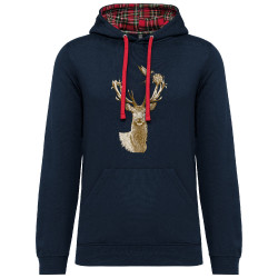 Sweat capuche à motifs unisexe bleu marine et rouge tartan Cerf Oiseaux Squatters (Gondrax,Animaux)