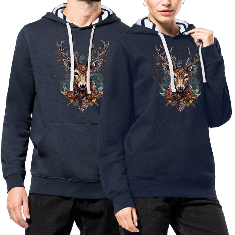 Sweat capuche à motifs unisexe bleu marine et marinière Psyche Deer (Animaux)