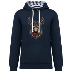 Sweat capuche à motifs unisexe bleu marine et marinière Psyche Deer (Animaux)