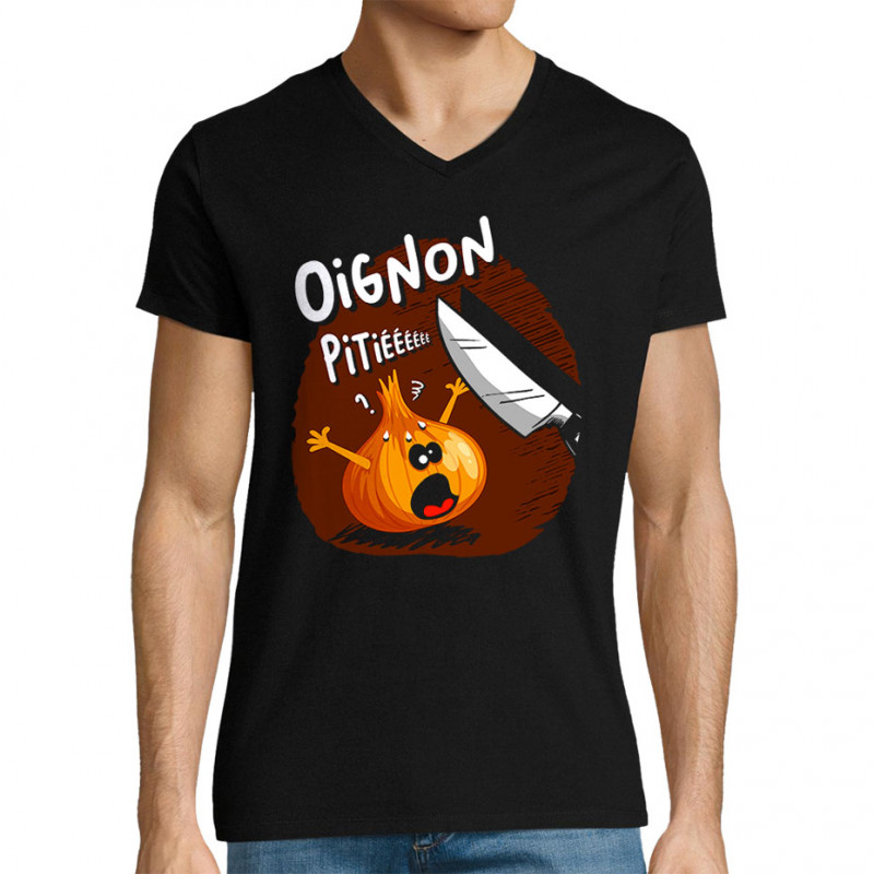 T-shirt homme col V noir Oignon pitié (Gondrax,Humour,Fruits & Légumes)