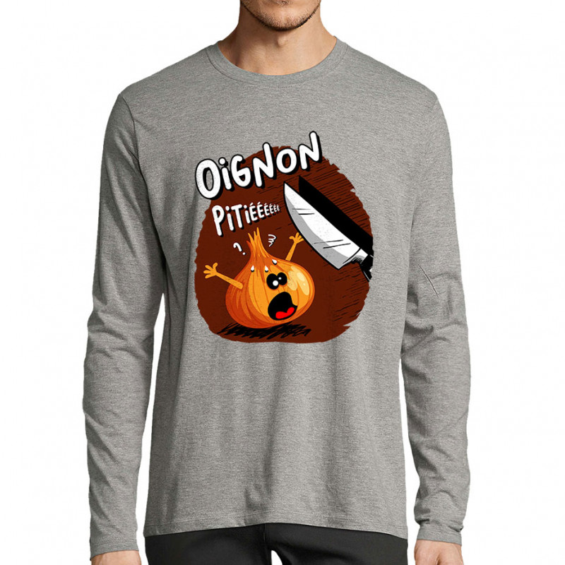 T-shirt homme manches longues gris chiné Oignon pitié (Gondrax,Humour,Fruits & Légumes)