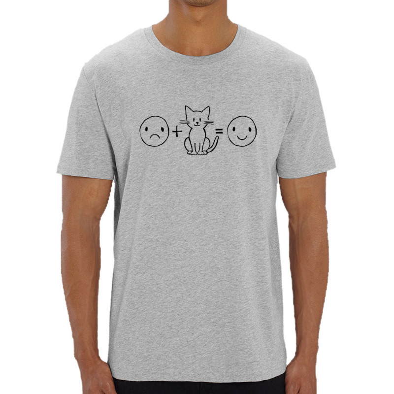T-shirt homme coton bio gris chiné Chat plus smiley (Gondrax,Slogans Débiles,Chats,Animaux)