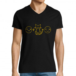 T-shirt homme col V noir Chat plus smiley (Gondrax,Slogans Débiles,Chats,Animaux)