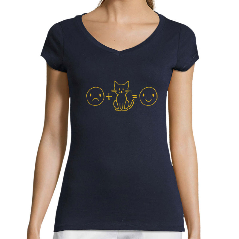 T-shirt femme col V bleu marine Chat plus smiley (Gondrax,Slogans Débiles,Chats,Animaux)