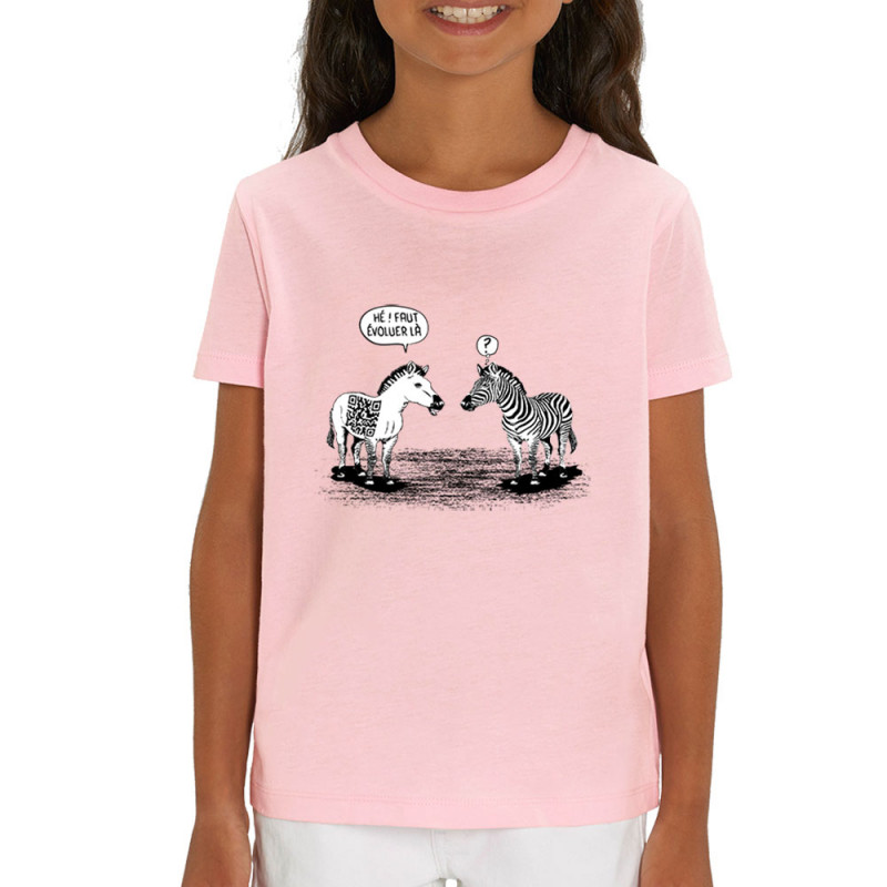 T-shirt enfant coton bio rose clair Zèbres évolution (Gondrax,Humour,Animaux)
