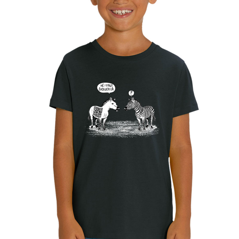 T-shirt enfant coton bio noir Zèbres évolution (Gondrax,Humour,Animaux)