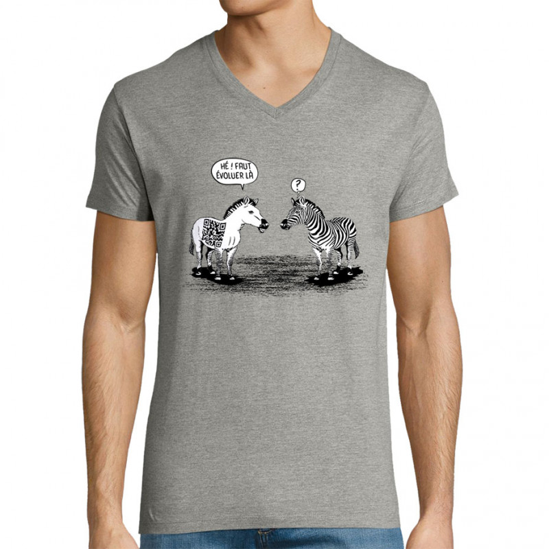T-shirt homme col V gris chiné Zèbres évolution (Gondrax,Humour,Animaux)