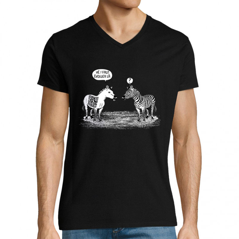 T-shirt homme col V noir Zèbres évolution (Gondrax,Humour,Animaux)