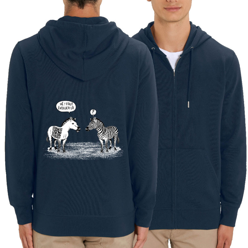 Sweat homme zippé à capuche coton bio bleu marine Zèbres évolution (Gondrax,Humour,Animaux)
