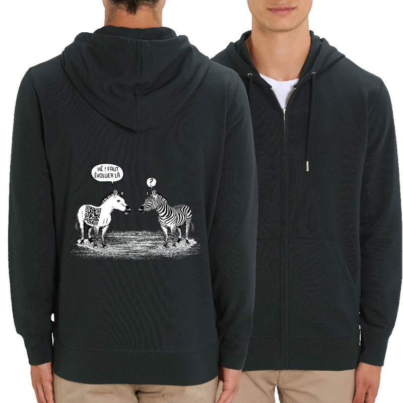 Sweat homme zippé à capuche coton bio noir Zèbres évolution (Gondrax,Humour,Animaux)
