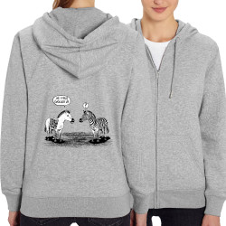 Sweat femme zippé à capuche coton bio gris chiné Zèbres évolution (Gondrax,Humour,Animaux)