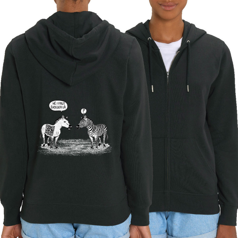Sweat femme zippé à capuche coton bio noir Zèbres évolution (Gondrax,Humour,Animaux)
