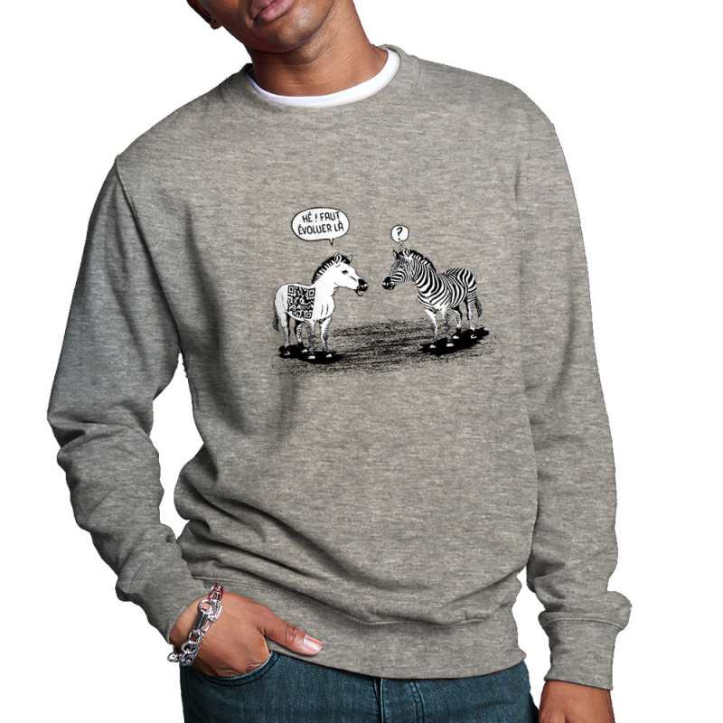 Sweat homme col rond gris chiné Zèbres évolution (Gondrax,Humour,Animaux)