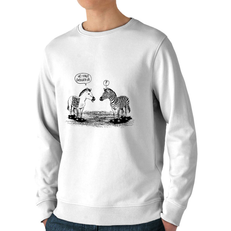 Sweat homme bio col rond blanc Zèbres évolution (Gondrax,Humour,Animaux)