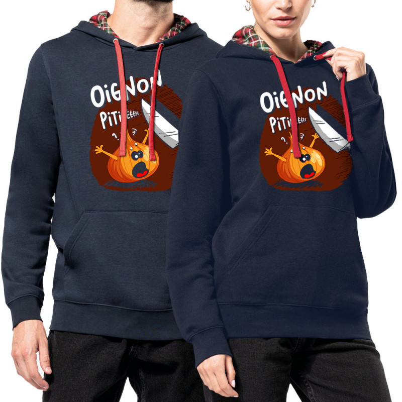 Sweat capuche à motifs unisexe bleu marine et rouge tartan Oignon pitié (Gondrax,Humour,Fruits & Légumes)