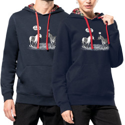 Sweat capuche à motifs unisexe bleu marine et rouge tartan Zèbres évolution (Gondrax,Humour,Animaux)