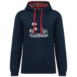 Sweat capuche à motifs unisexe bleu marine et rouge tartan Zèbres évolution (Gondrax,Humour,Animaux)