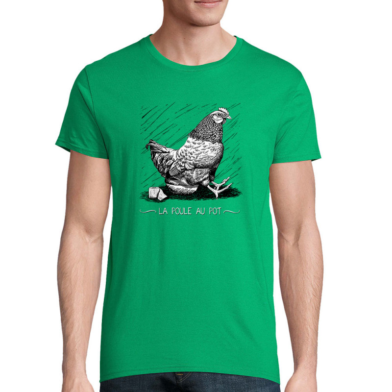 T-shirt homme coton bio vert prairie La poule au pot (Gondrax,Les Bébêtes,Humour,Animaux)
