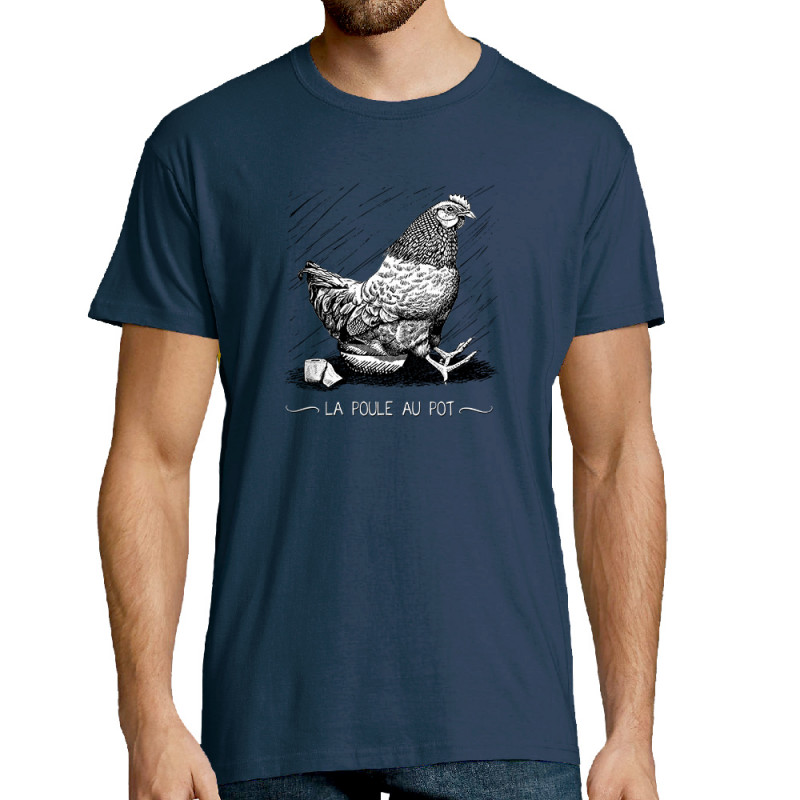 Tee-shirt homme bleu denim La poule au pot (Gondrax,Les Bébêtes,Humour,Animaux)