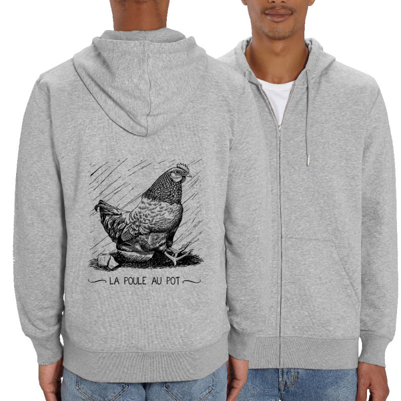 Sweat homme zippé à capuche coton bio gris chiné La poule au pot (Gondrax,Les Bébêtes,Humour,Animaux)