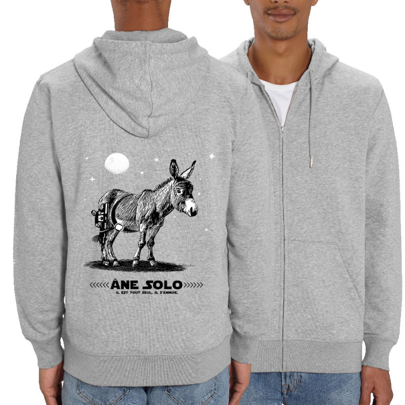 Sweat homme zippé à capuche coton bio gris chiné Âne Solo (Gondrax,Les Bébêtes,Humour,Animaux,Star Wars)