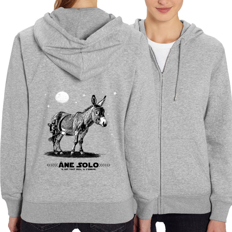 Sweat femme zippé à capuche coton bio gris chiné Âne Solo (Gondrax,Les Bébêtes,Humour,Animaux,Star Wars)