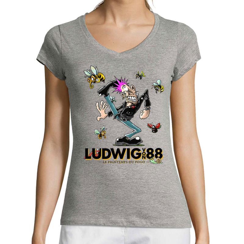 T-shirt femme col V gris chiné Le printemps du pogo 2 (Ludwig Von 88,Laul)