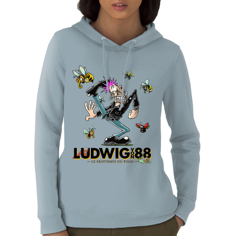 Sweat femme à capuche coton bio bleu ciel Le printemps du pogo 2 (Ludwig Von 88,Laul)