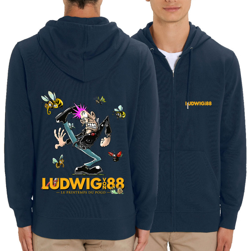 Sweat homme zippé à capuche coton bio bleu marine Le printemps du pogo 2 (Ludwig Von 88,Laul)