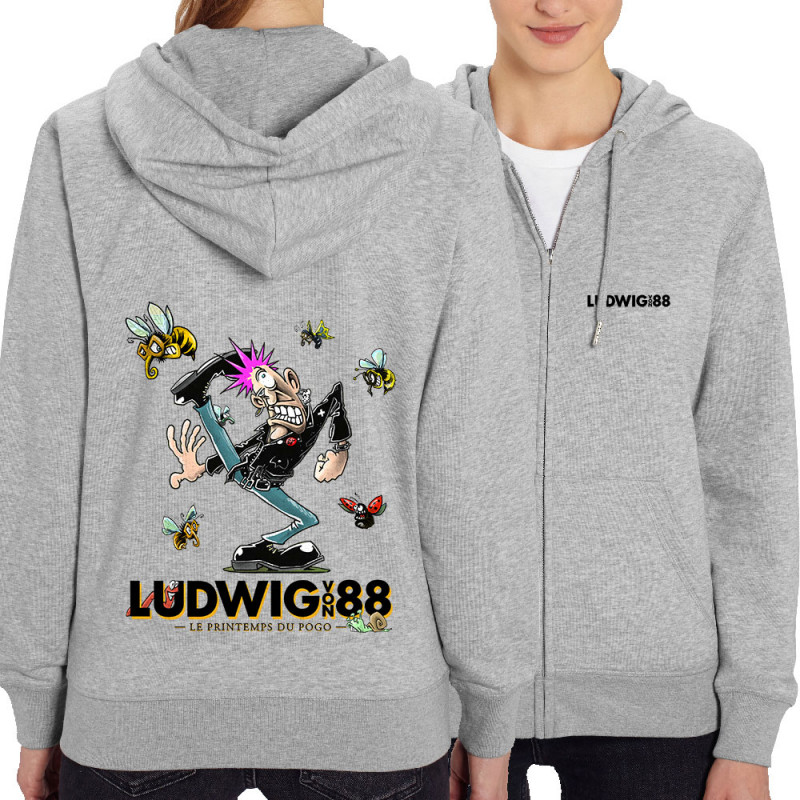 Sweat femme zippé à capuche coton bio gris chiné Le printemps du pogo 2 (Ludwig Von 88,Laul)