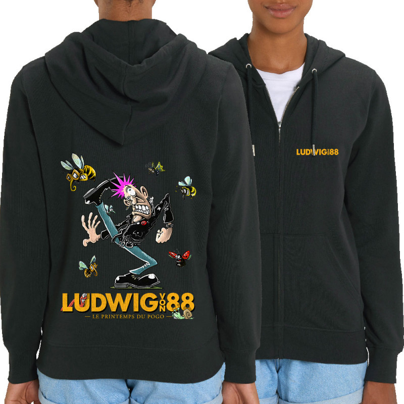 Sweat femme zippé à capuche coton bio noir Le printemps du pogo 2 (Ludwig Von 88,Laul)