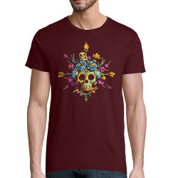 T-shirt homme coton bio bordeaux Skull Flowers (Zewa,Ethnique,Têtes de morts)