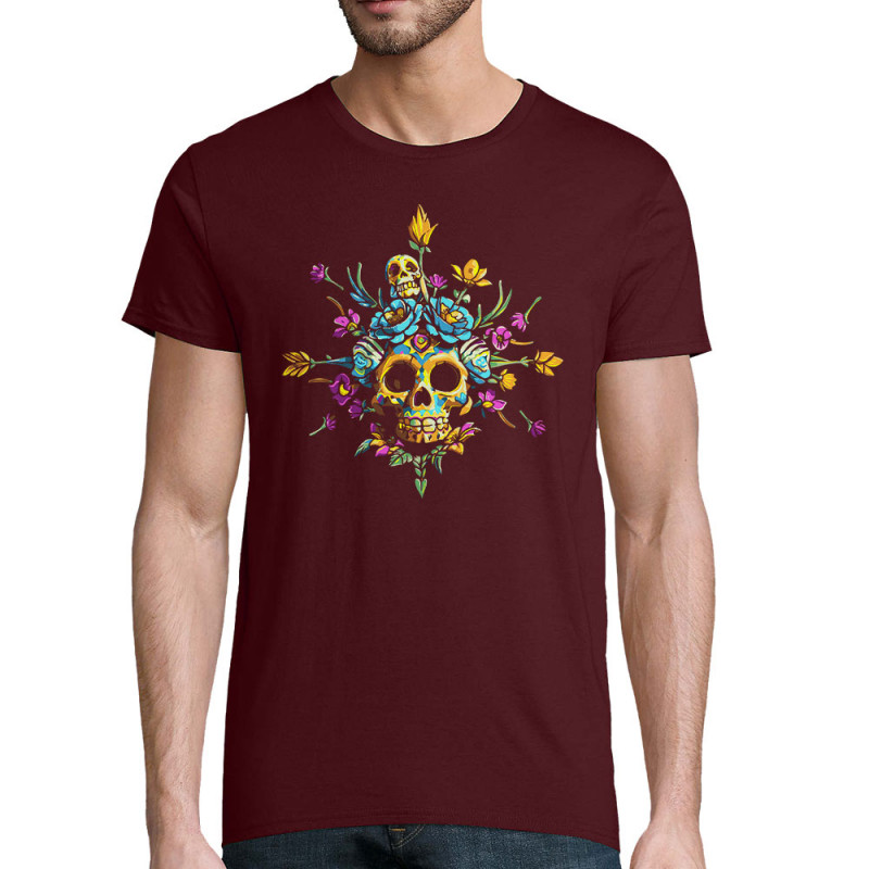 T-shirt homme coton bio bordeaux Skull Flowers (Zewa,Ethnique,Têtes de morts)