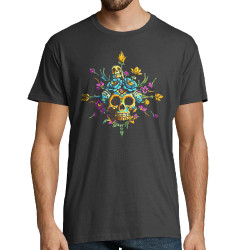 Tee-shirt homme gris souris Skull Flowers (Zewa,Ethnique,Têtes de morts)
