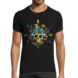 T-shirt homme fit noir Skull Flowers (Zewa,Ethnique,Têtes de morts)