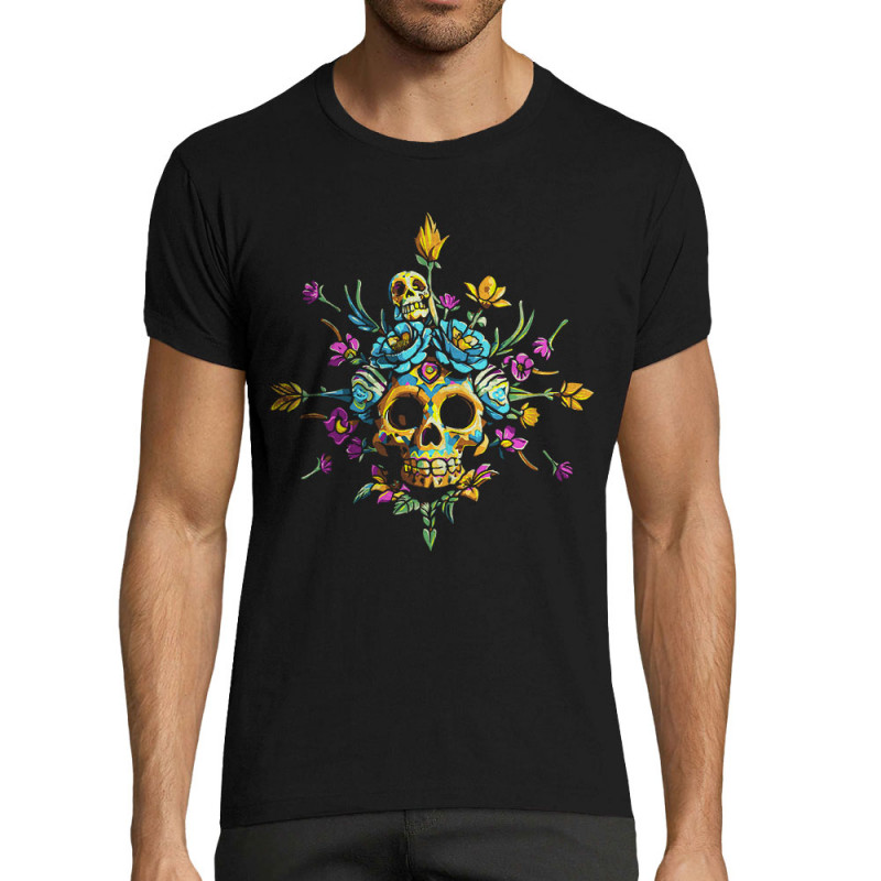 T-shirt homme fit noir Skull Flowers (Zewa,Ethnique,Têtes de morts)