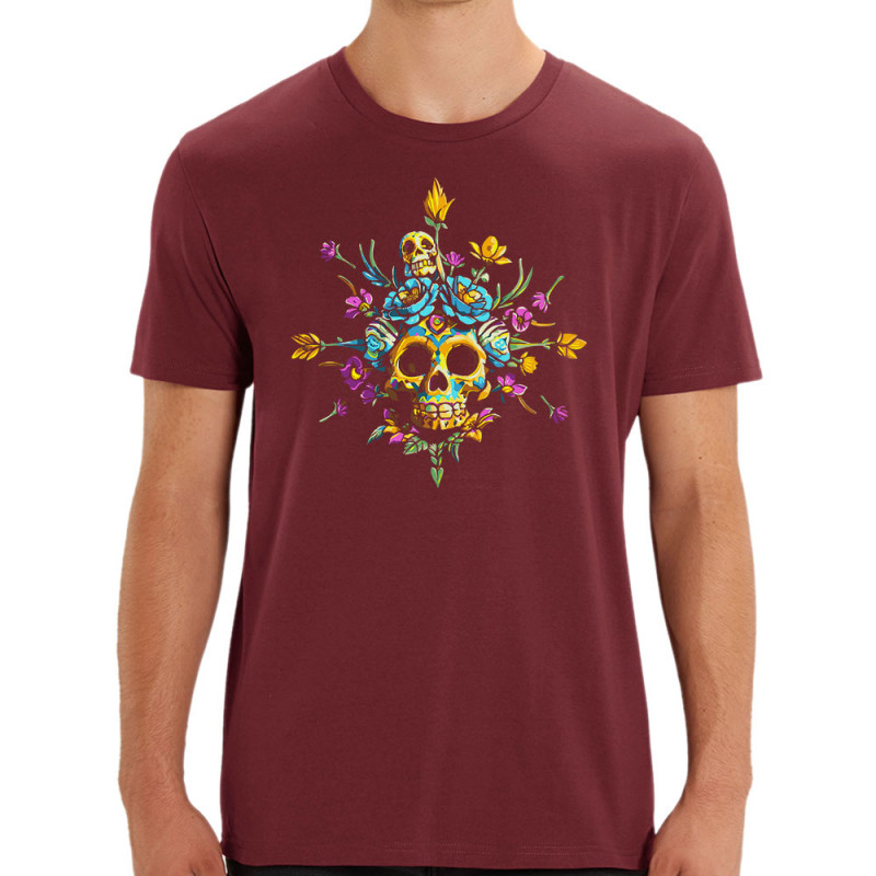T-shirt homme coton bio bordeaux Skull Flowers (Zewa,Ethnique,Têtes de morts)