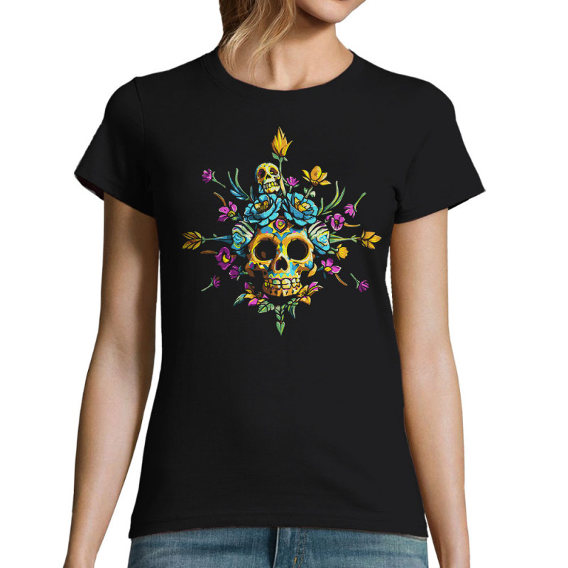 T-shirt femme noir Skull Flowers (Zewa,Ethnique,Têtes de morts)