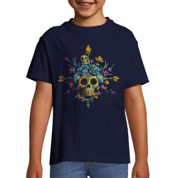 T-shirt enfant bleu marine Skull Flowers (Zewa,Ethnique,Têtes de morts)