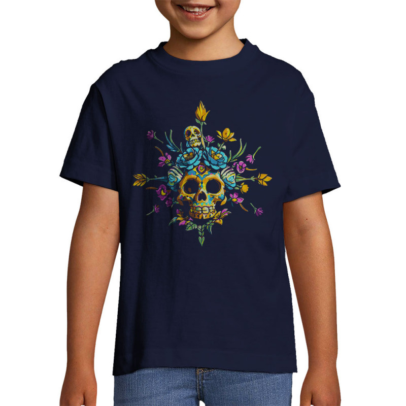 T-shirt enfant bleu marine Skull Flowers (Zewa,Ethnique,Têtes de morts)