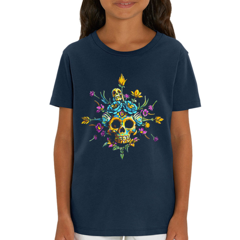 T-shirt enfant coton bio bleu marine Skull Flowers (Zewa,Ethnique,Têtes de morts)