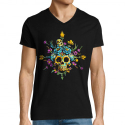 T-shirt homme col V noir Skull Flowers (Zewa,Ethnique,Têtes de morts)